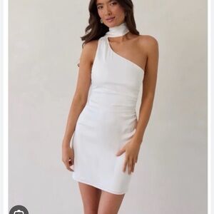 Park & Fifth One-Shoulder White Cocktail Dress with Neck Wrap